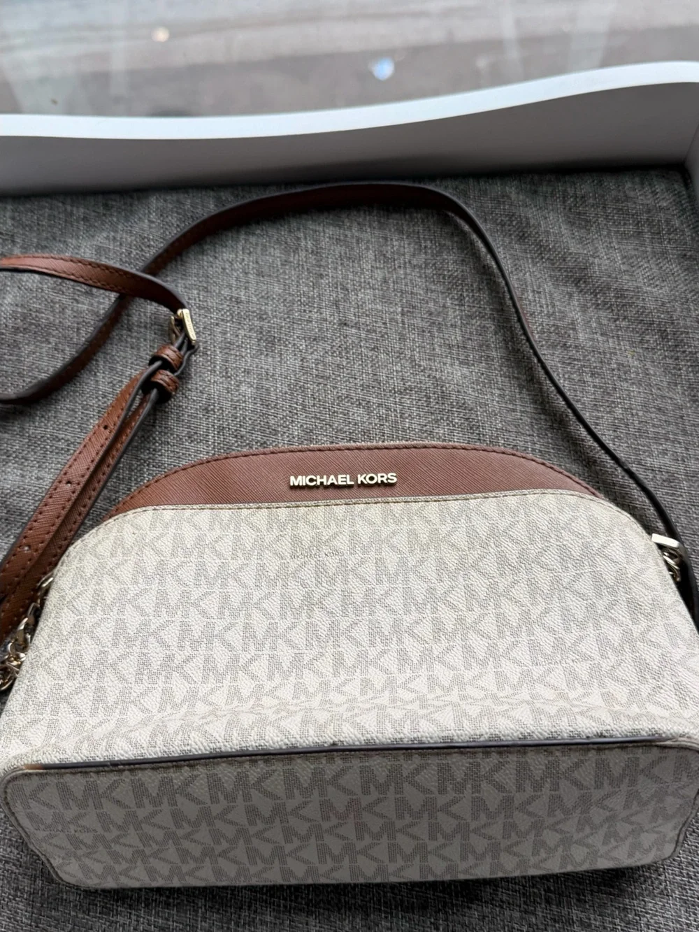 Michael Kors Beige MK Signature Crossbody with Brown Trim